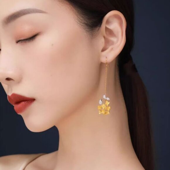 Osmanthus Sterling Silver Gold plated long dangle earrings - Asian Chinese theme - Picture 3 of 5